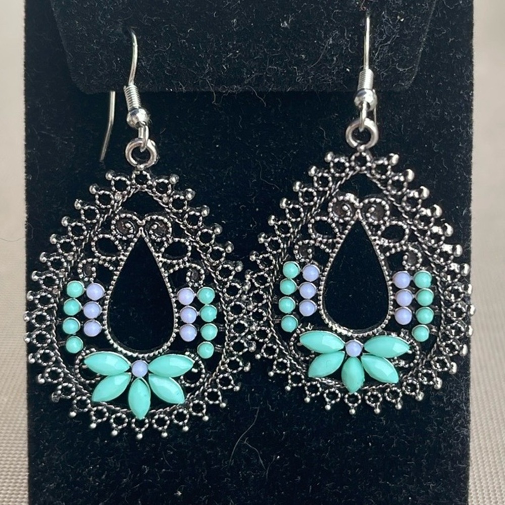 Elegant Silver Filigree Purple Turqoise Cabochon stone wired Earrings